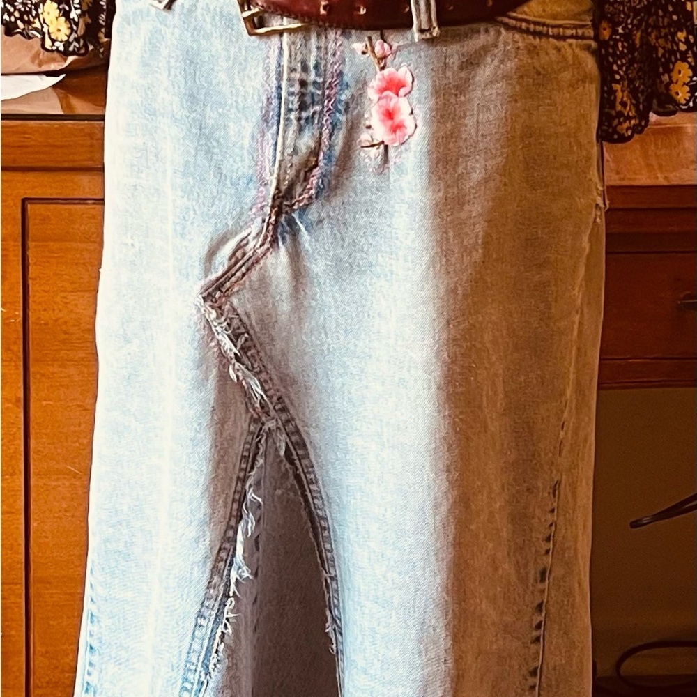 Handmade A-Line Denim Skirt with Cherry Blossom patches and Zipper Closure. - Picture 14 of 14
